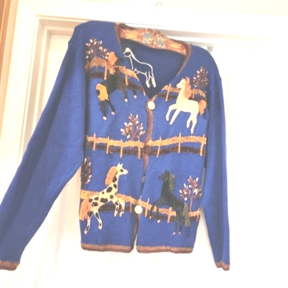 80s VICTORIA HARBOUR Kitsch Horses Country Western Ranch Knit Cardigan Jumper EV - Picture 7 of 16